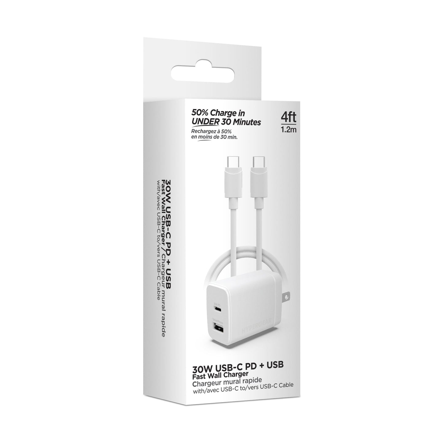 HyperGear Basics | 30W USB - C PD + USB Fast Wall Charger | 4ft USB - C Cable | White - US Stores