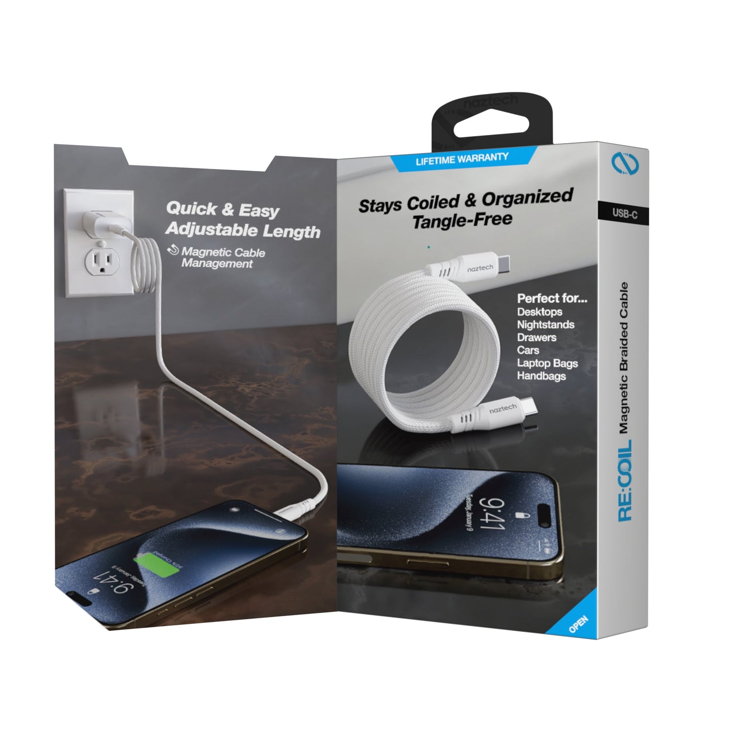 REcoil 100W USB-C to USB-C Magnetic Braided Fast Charge Cable | 6ft | White - US Stores