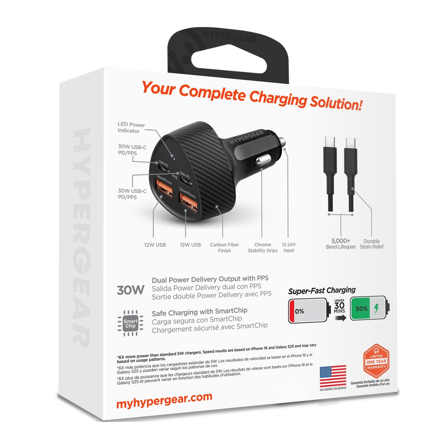 SpeedBoost 77W Quad-Port Fast Car Charger with Dual 30W USB-C PD PPS | 4ft USB-C Cable - US Stores