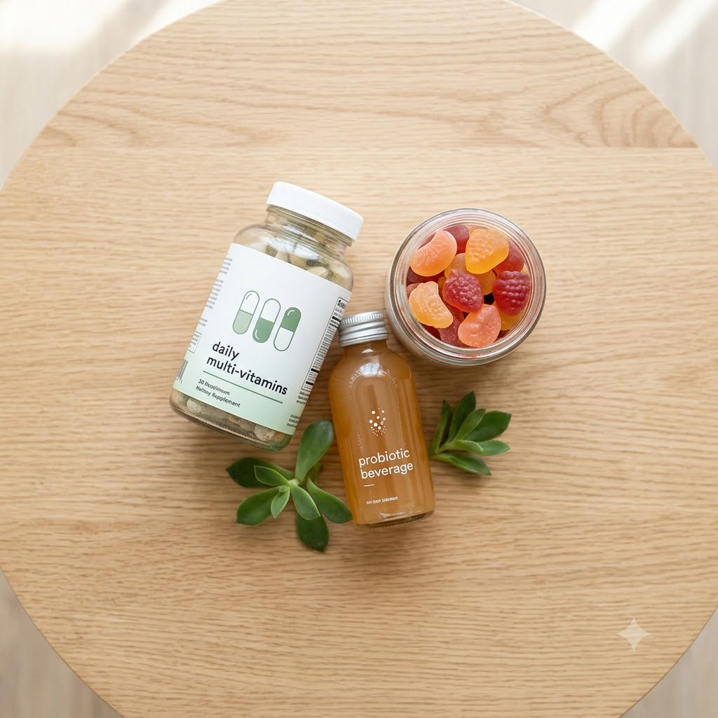 top-down view of daily wellness supplements including multivitamins, a probiotic beverage, and collagen gummies on a wooden table
