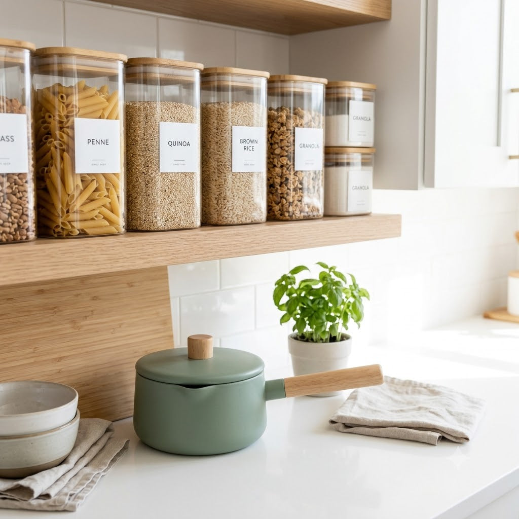 A modern kitchen featuring wooden floating shelves lined with labeled glass storage containers filled with dry goods, positioned above a white countertop with a sage green ceramic pot.