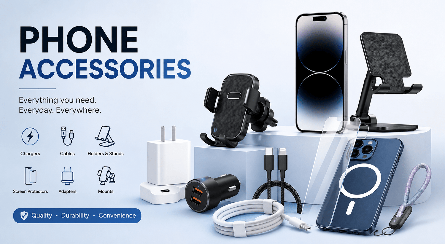 Home & Kitchen collection featuring storage containers, kitchen utensils, kettle, blender, mug, and home essentials in a clean blue-and-white e-commerce display.