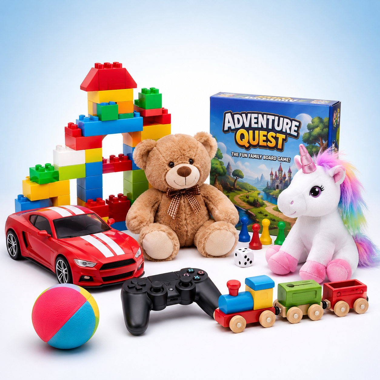 Toys & Games collection featuring building blocks, board games, toy cars, plush toys, and family games in a clean blue-and-white e-commerce display.