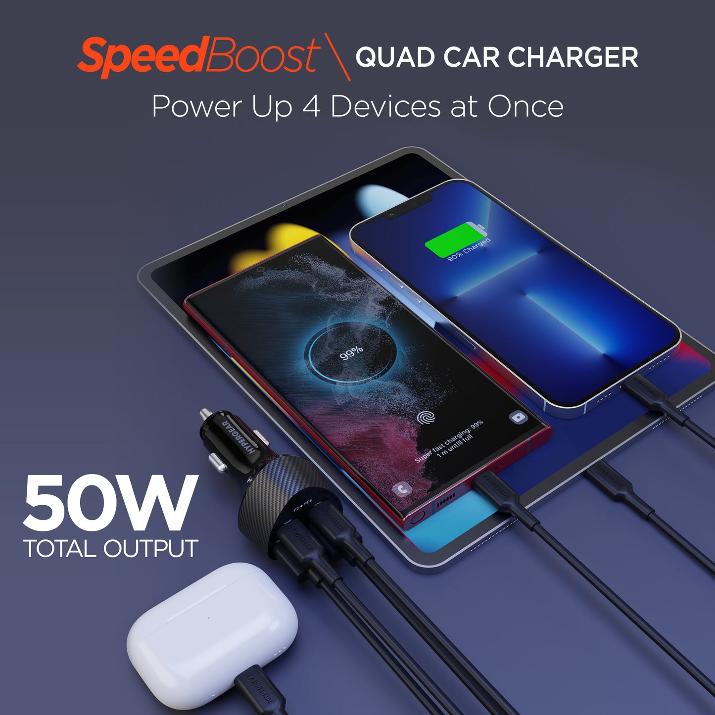 HyperGear SpeedBoost 50W Quad Car Charger with Dual 25W USB-C PD/PPS