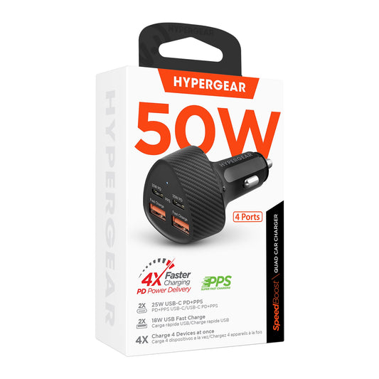 HyperGear SpeedBoost 50W Quad Car Charger with Dual 25W USB-C PD/PPS