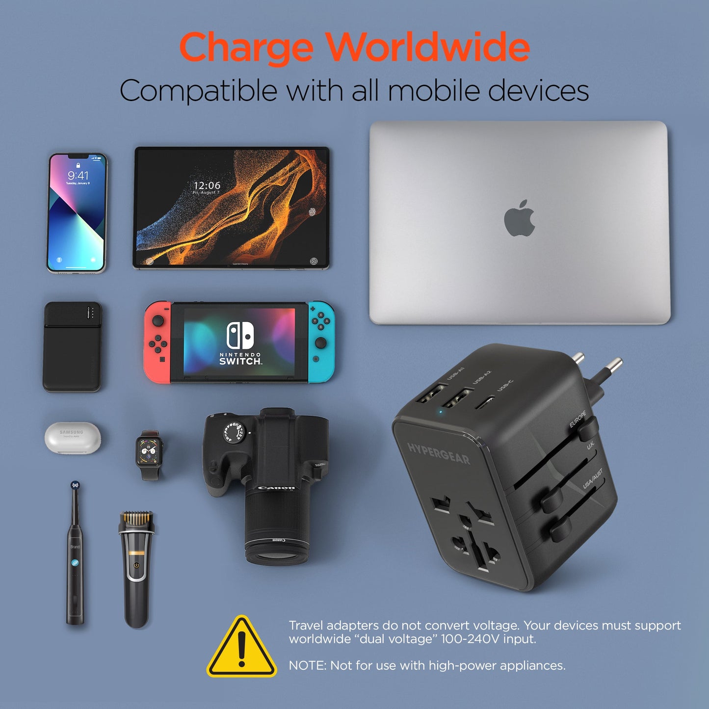 HyperGear WorldCharge Universal Travel Adapter with USB-C Blk