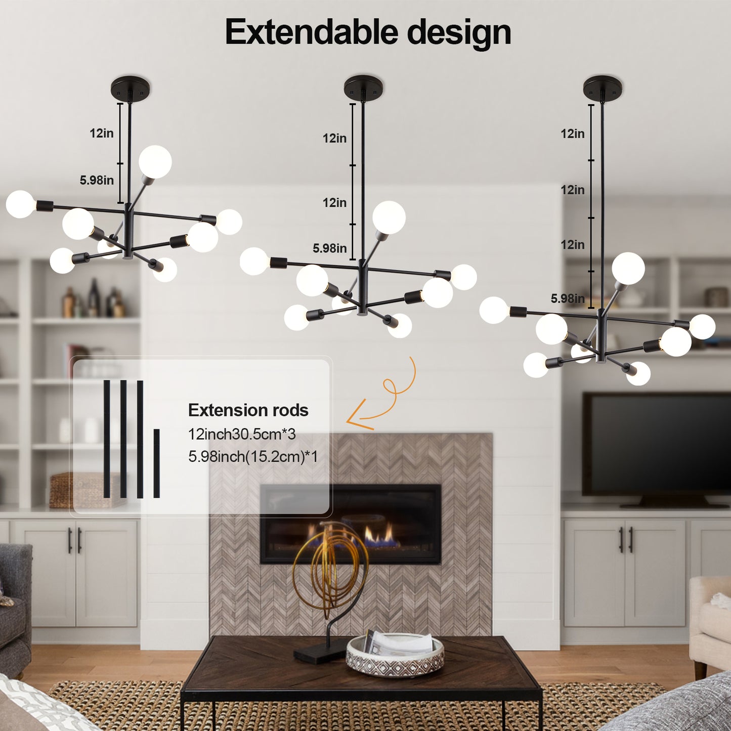 Chandelier Height Adjustable Modern Sputnik Chandeliers, E26 Bulb Easy Installation Dining Room Chandelier, Black 8 Light for Dining Room, Living Room, Bedroom