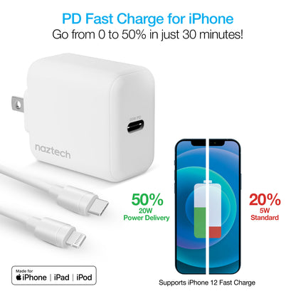20W USB-C PD Fast Wall Charger | 4ft MFi Lightning Cable | White - US Stores