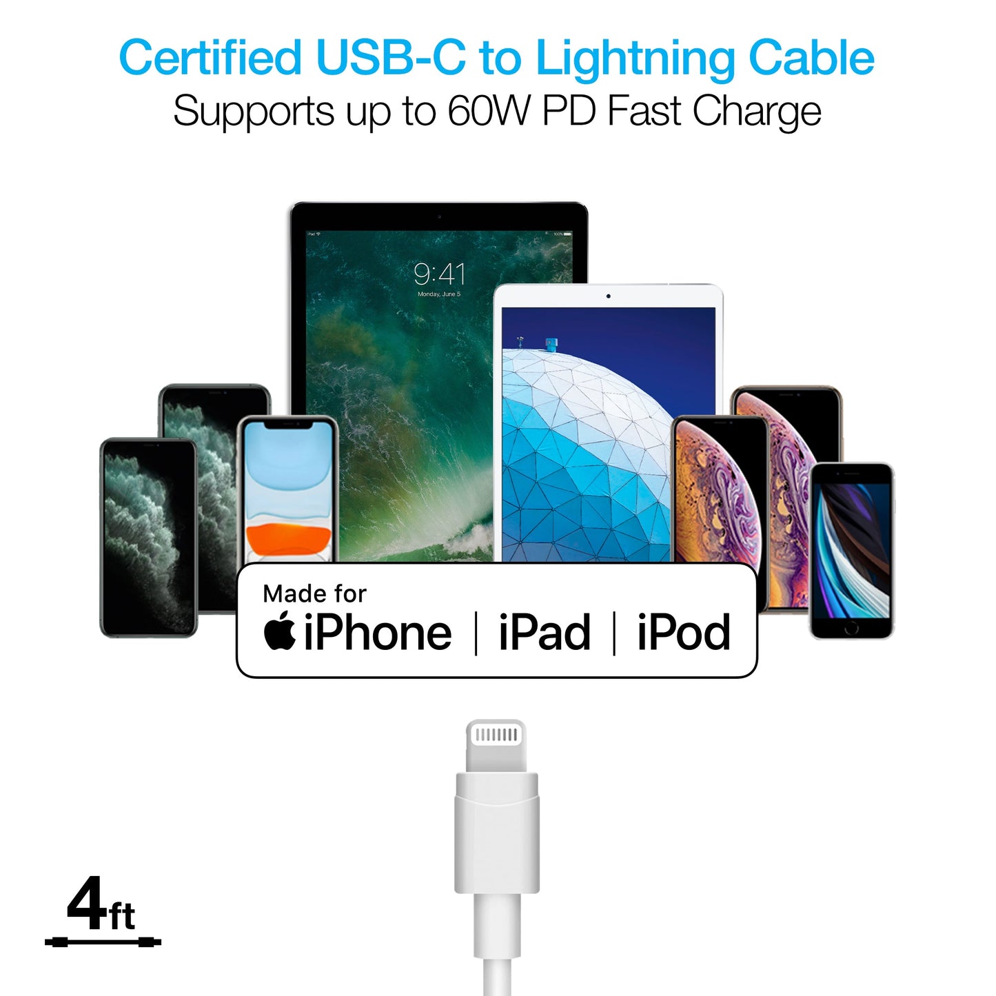 20W USB-C PD Fast Wall Charger | 4ft MFi Lightning Cable | White - US Stores