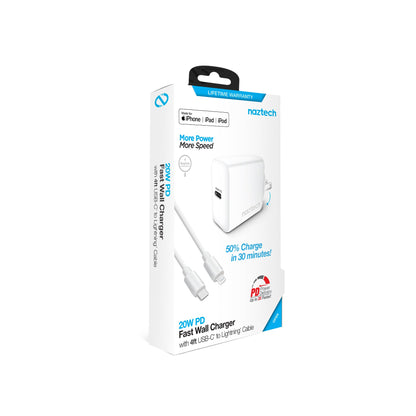 20W USB-C PD Fast Wall Charger | 4ft MFi Lightning Cable | White - US Stores