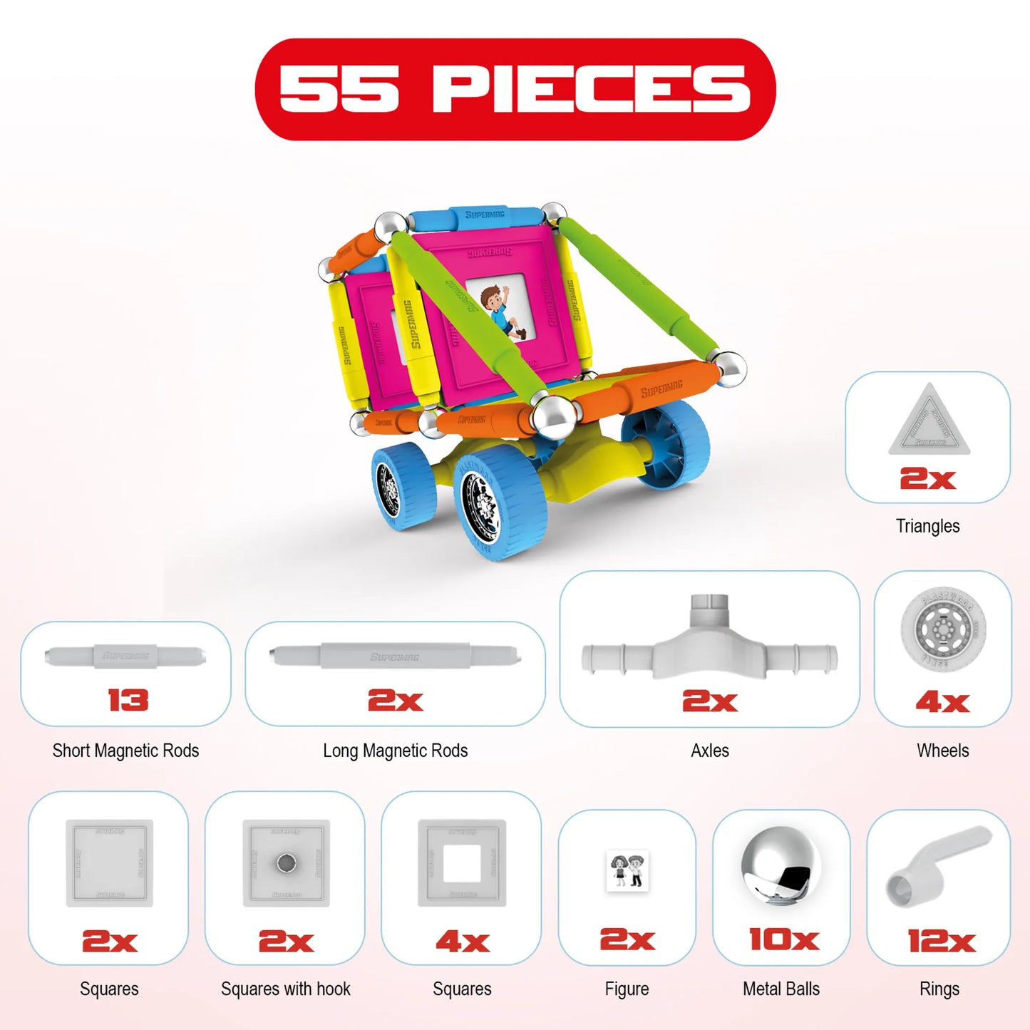 Tinamiri Supermag - Wheels 55 - Magnetic Building Set, 1000 Piece Jigsaw Puzzle