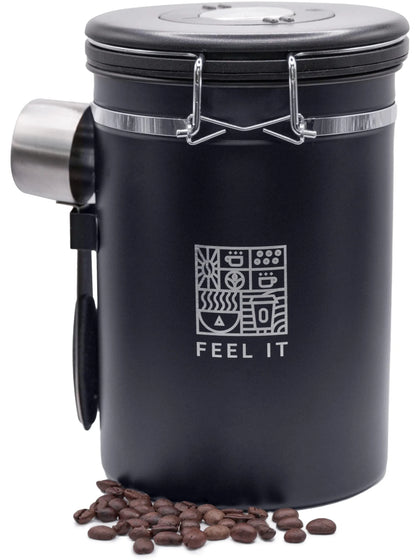 Stainless Steel Coffee Canister 21oz Airtight Kitchen Food Storage Container with Date Tracker CO2 Release Valve and Measuring Scoop For Ground Coffee