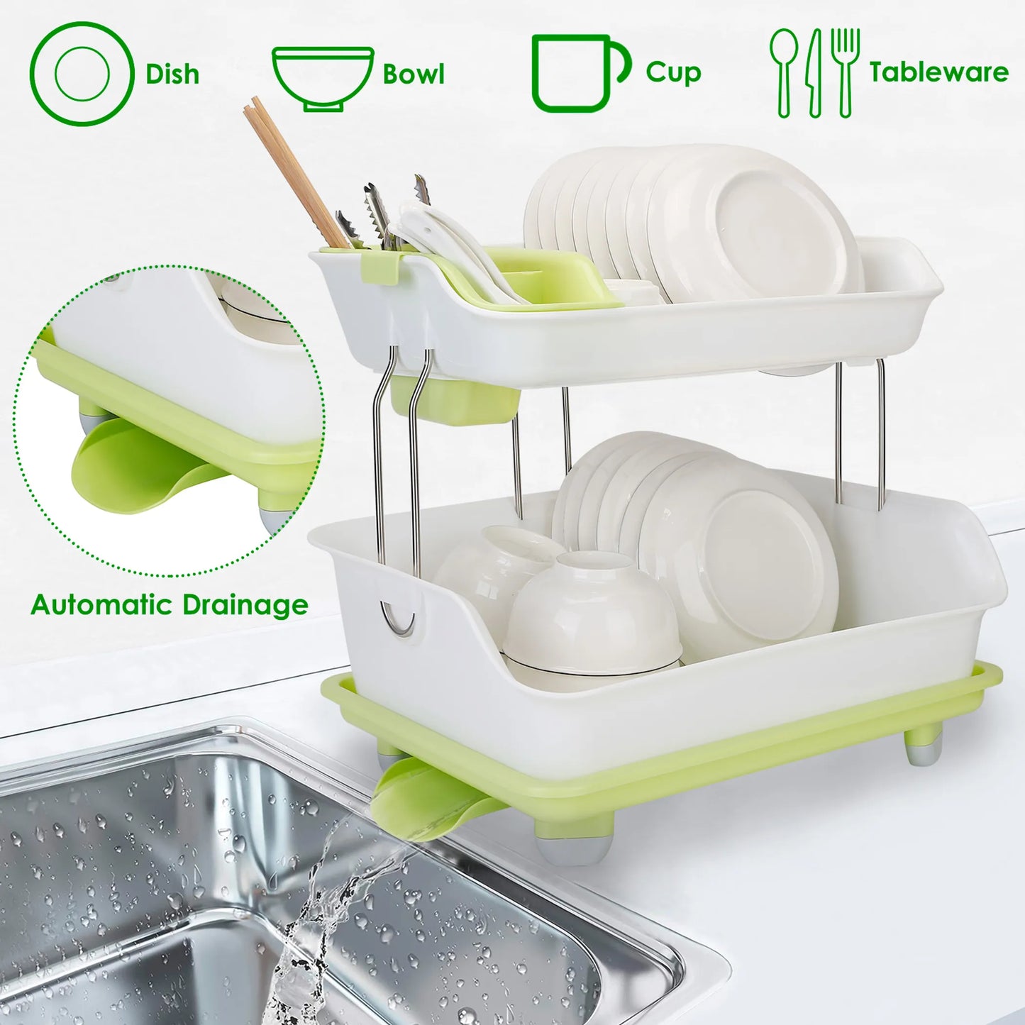2-Tier Dish Drying Rack Cutlery Drainer Holder Kitchen