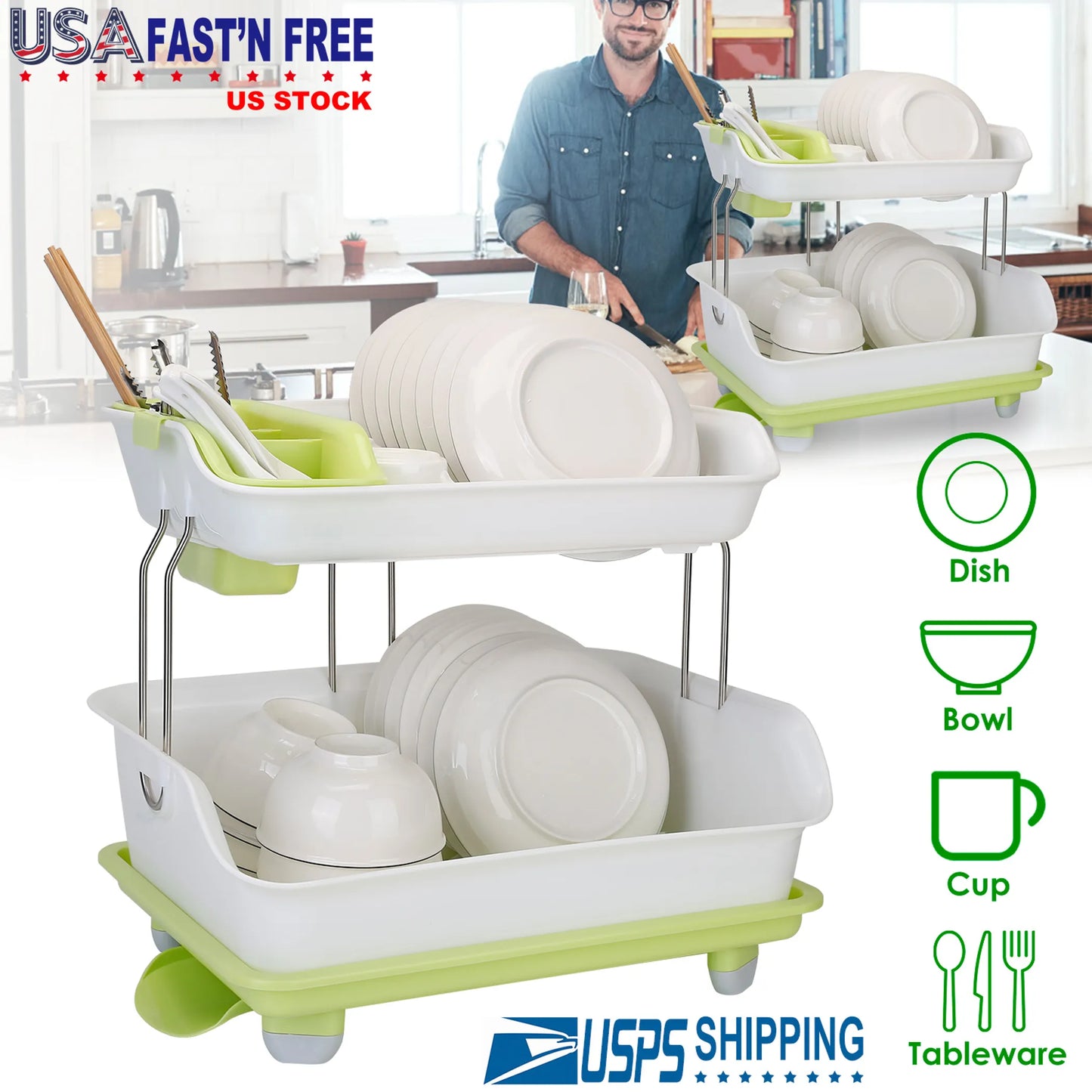 2-Tier Dish Drying Rack Cutlery Drainer Holder Kitchen