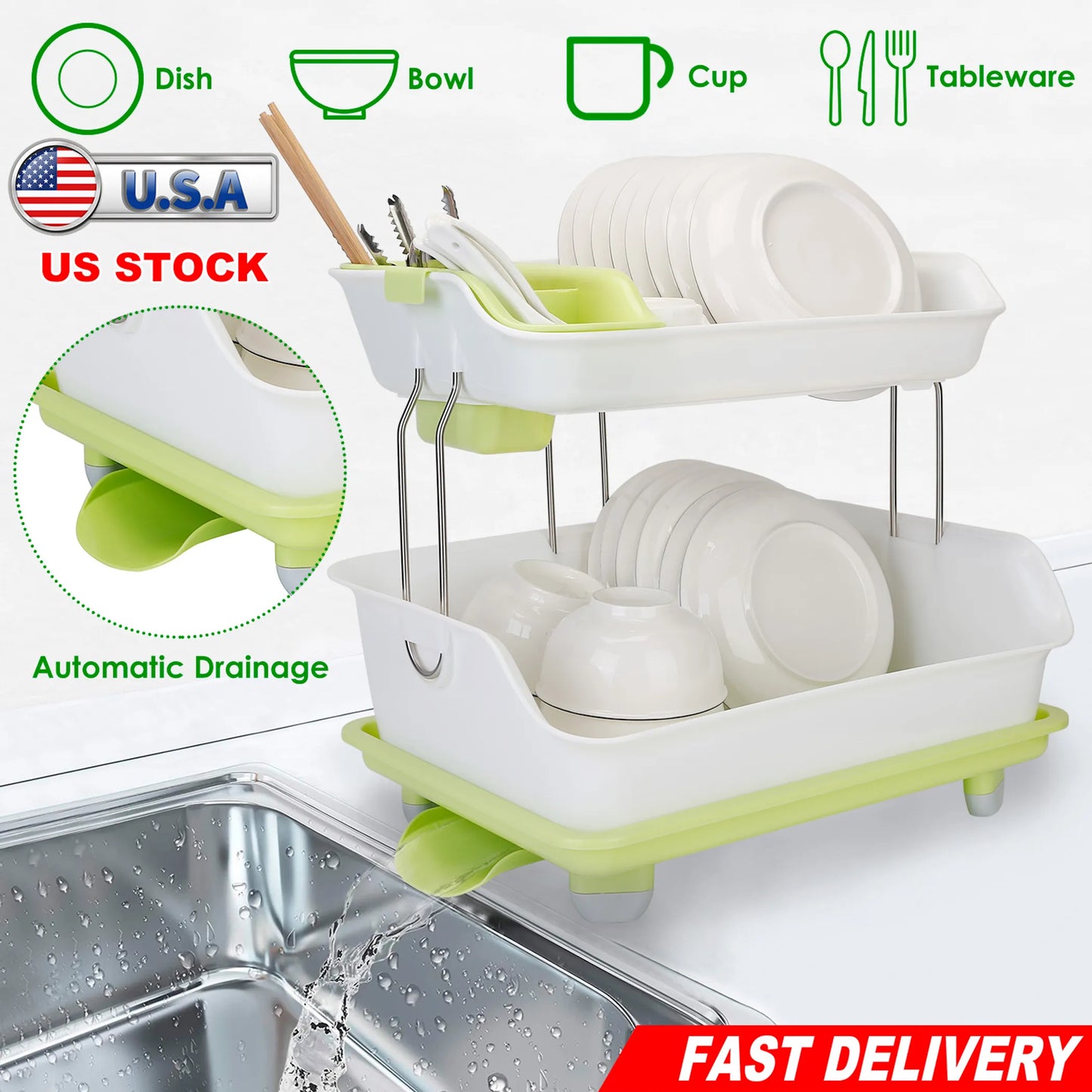 2-Tier Dish Drying Rack Cutlery Drainer Holder Kitchen