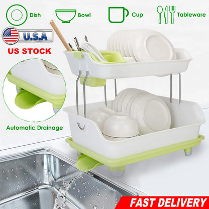 2-Tier Dish Drying Rack Cutlery Drainer Holder Kitchen