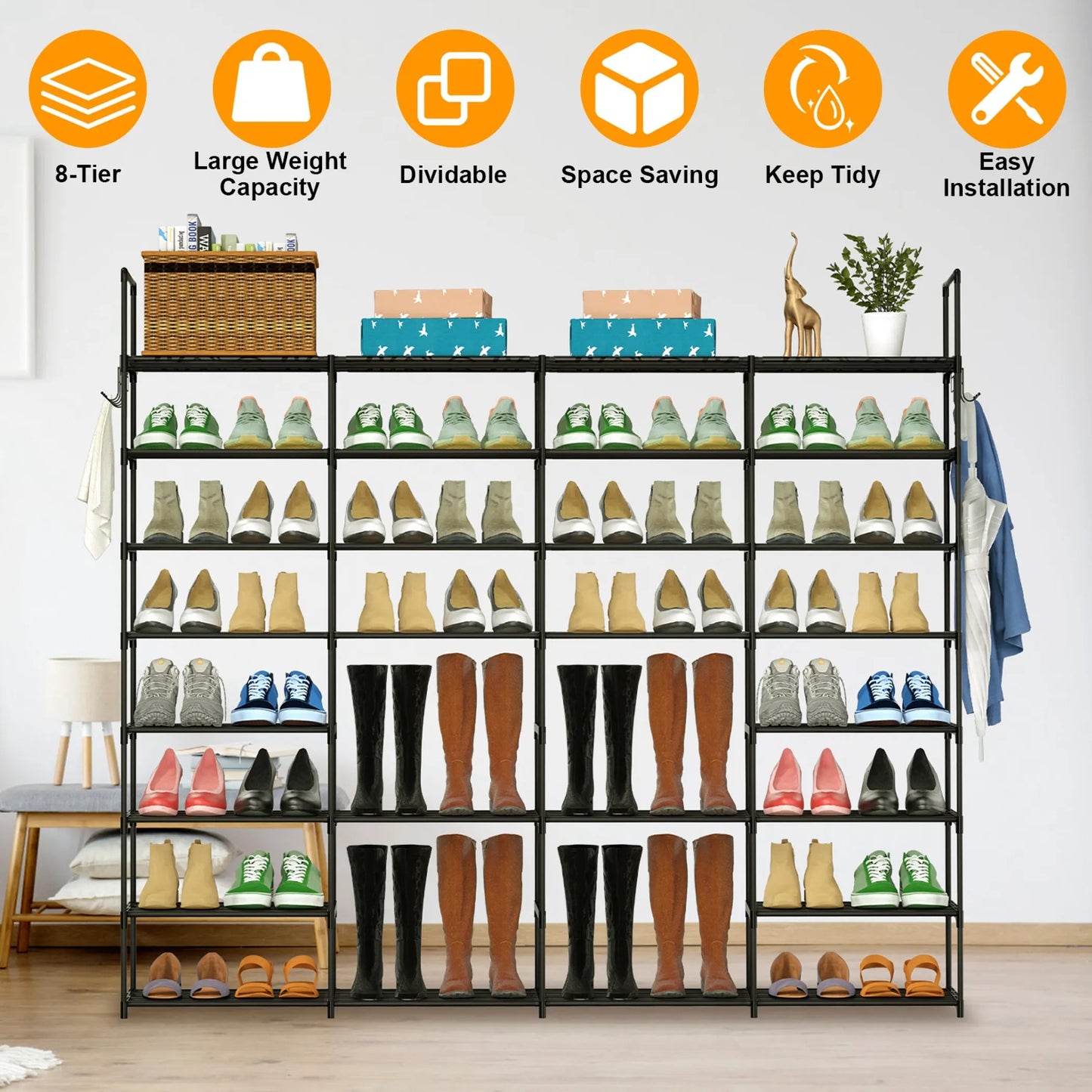 8-Tier 4-Row Shoe Rack Metal Shoe Storage Shelf