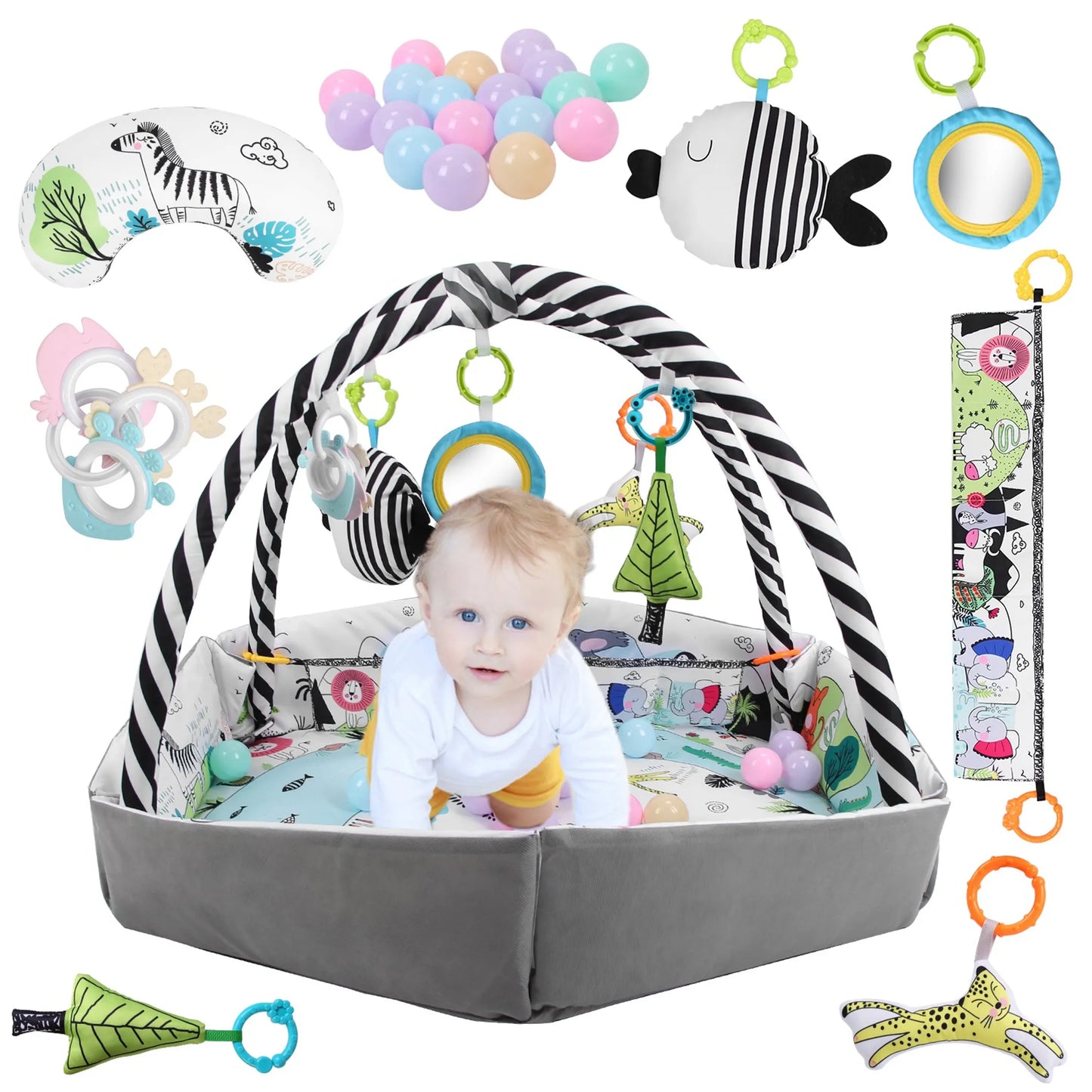 4 In 1 Baby Gym Play Mat Ball Pit Baby Lounger Safety Fence Tummy Time Mat