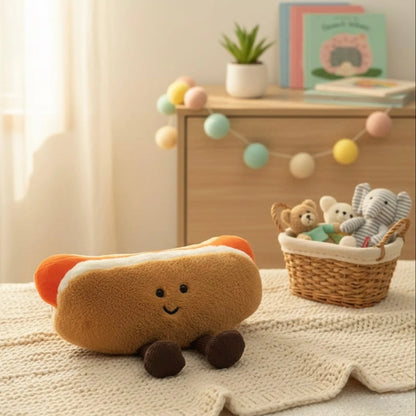 Hot Dog Plush Toy with Cute Dangly Feet  Kawaii Soft Toy for Kids & Adults