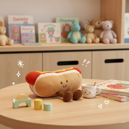 Hot Dog Plush Toy with Cute Dangly Feet  Kawaii Soft Toy for Kids & Adults