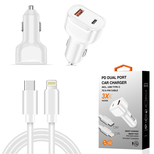 36W PD Dual Ports Travel Car Charger Adapter Fast Charging with USB - C To 8 Pin Cable - US Stores