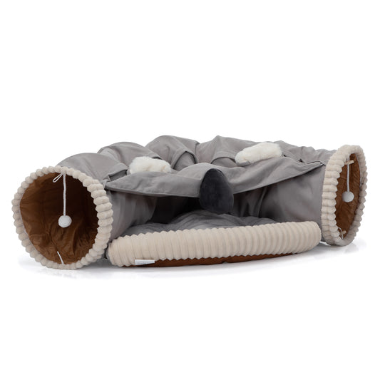 Collapsible Cat Tunnel Bed for Indoor Cats, Washable Cat Hide Tunnel with Hanging Toys and Cushion Mat, Gray