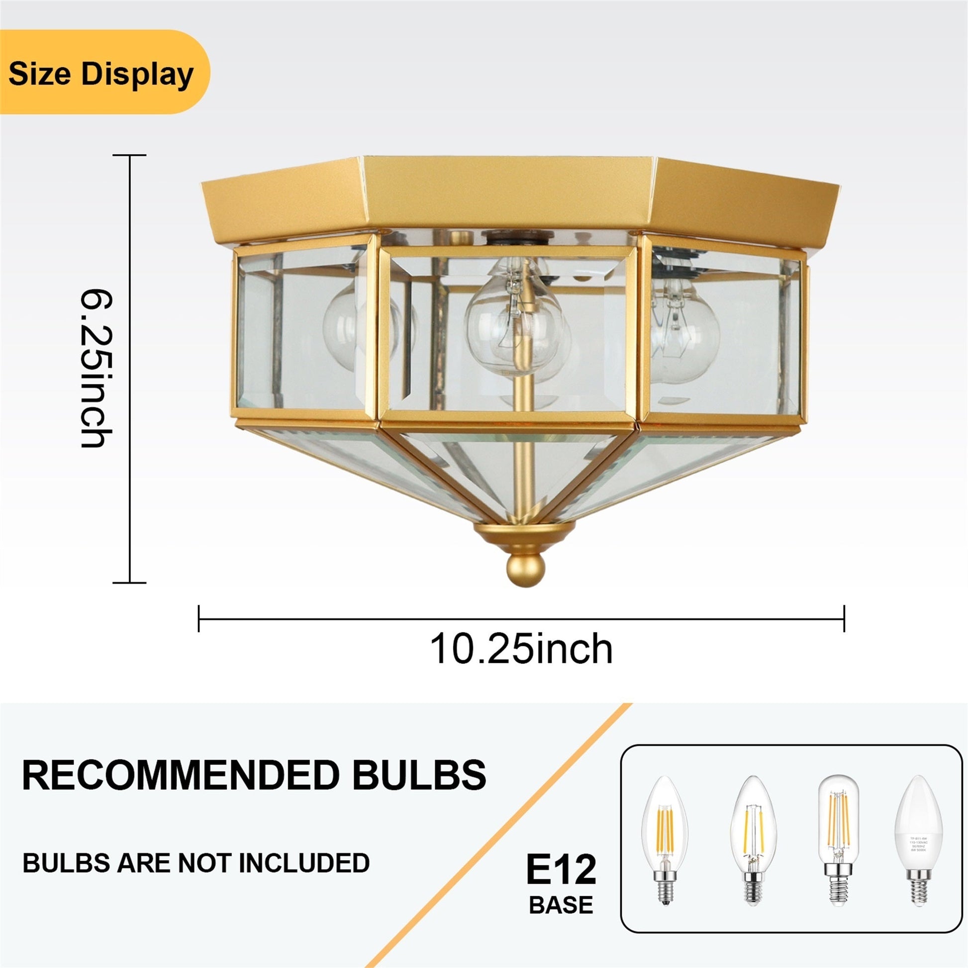 4 Light Industrial Flush Mount Ceiling Light Fixtures Beveled Glass Close to Ceiling Fixtures for Stairway, Hall, Closet, Porches, Bedroom Gold - US Stores