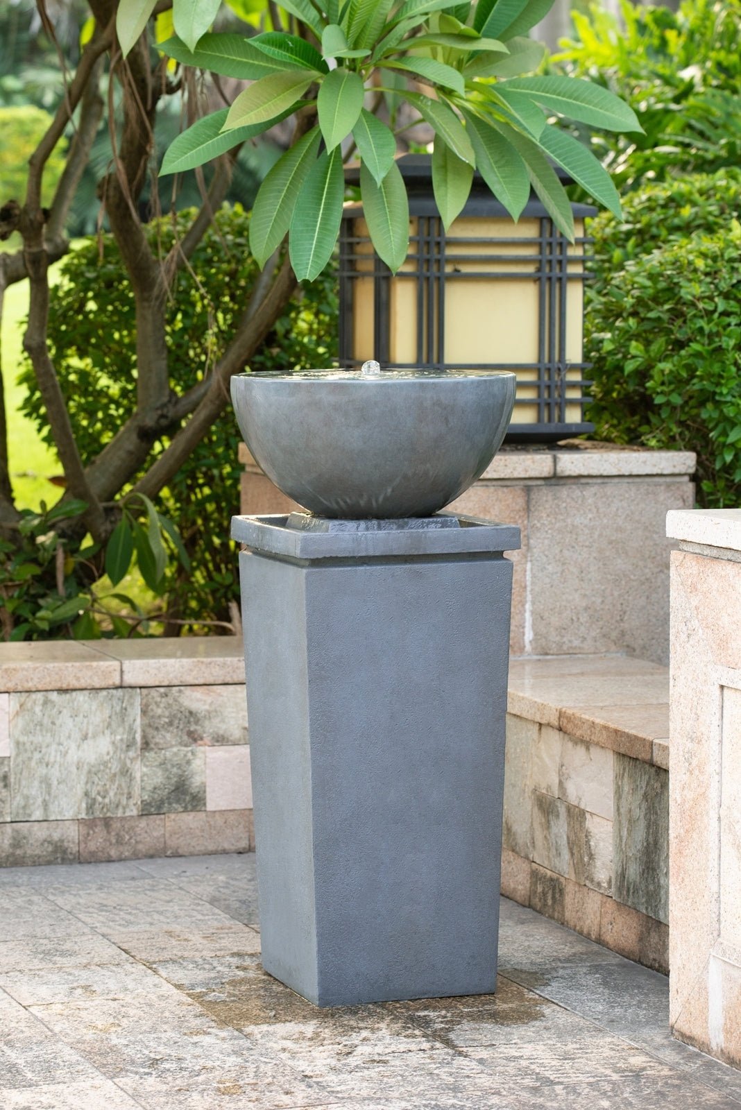 44.5" Polyresin Gray Zen Bowl Water Fountain, Outdoor Bird Feeder /Bath Fountains, Relaxing Water Feature for Garden Lawn Backyard Porch - US Stores