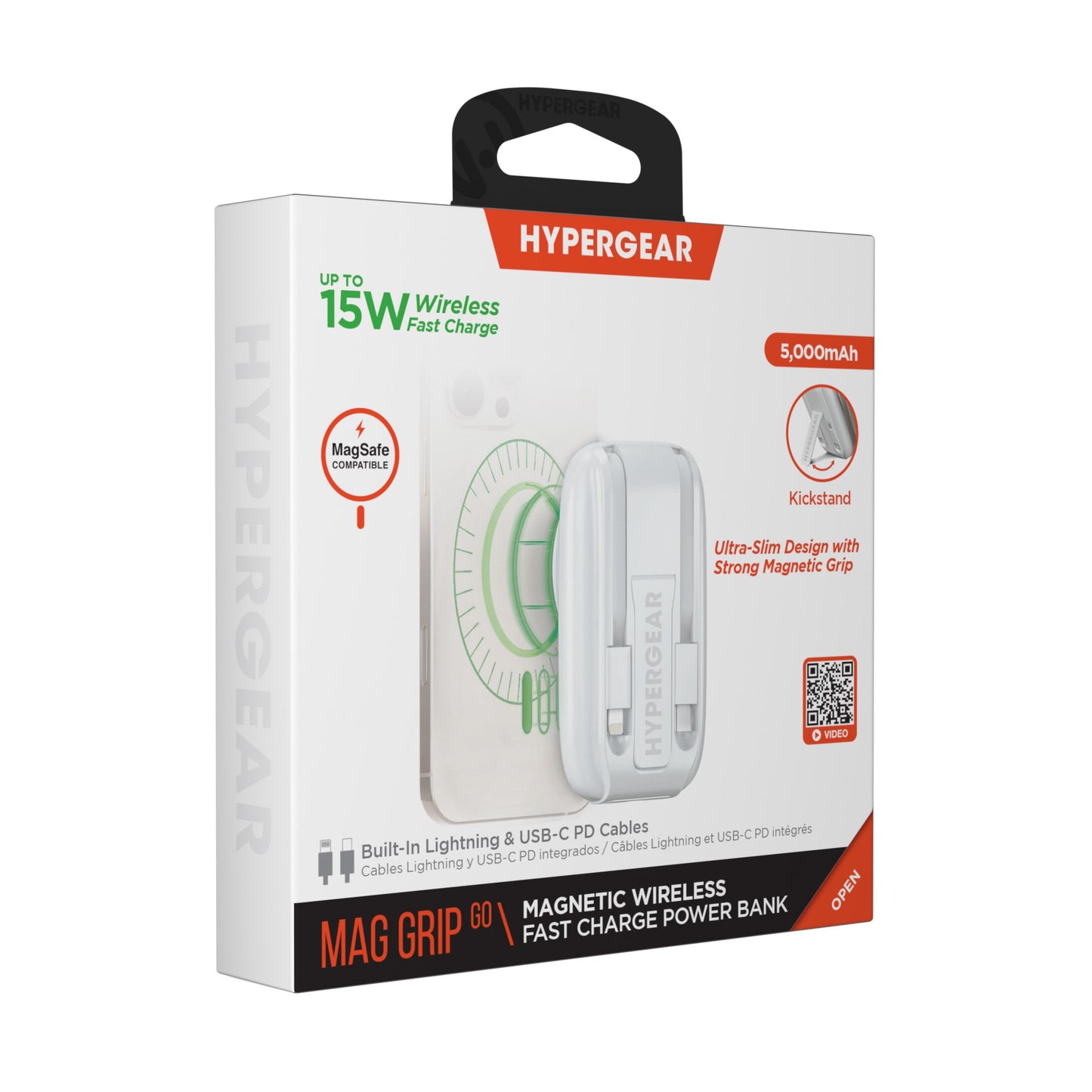 5,000mAh | Mag Grip Go Magnetic Wireless Fast Charge Power Bank with Built - In Cables | White - US Stores