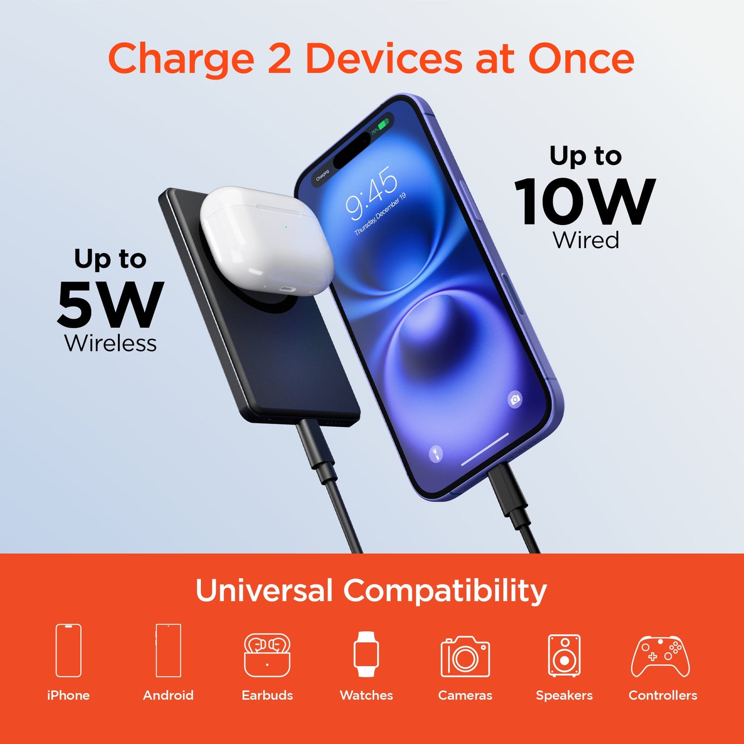 5,000mAh | Power Pack Mag Ultra - Slim Magnetic Wireless Fast Charge Power Bank | Black - US Stores