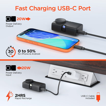 5,000mAh | Power Pack Nano Ultra-Mini Power Bank with Built-In Apple Watch Charger | Black - US Stores