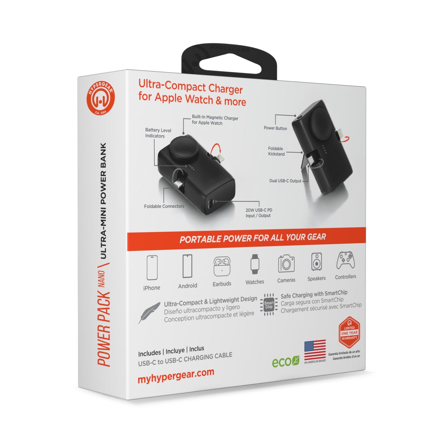 5,000mAh | Power Pack Nano Ultra-Mini Power Bank with Built-In Apple Watch Charger | Black - US Stores