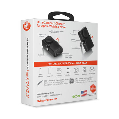 5,000mAh | Power Pack Nano Ultra-Mini Power Bank with Built-In Apple Watch Charger | Black - US Stores