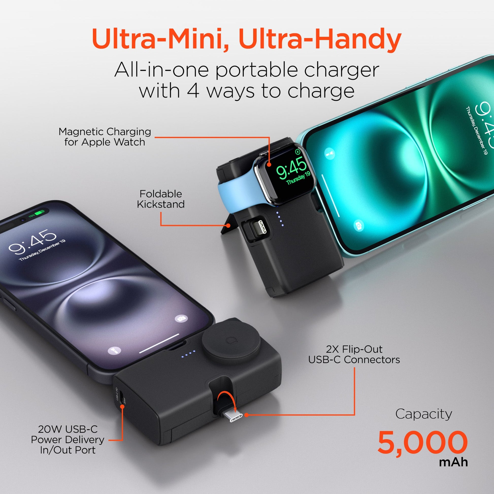 5,000mAh | Power Pack Nano Ultra-Mini Power Bank with Built-In Apple Watch Charger | Black - US Stores