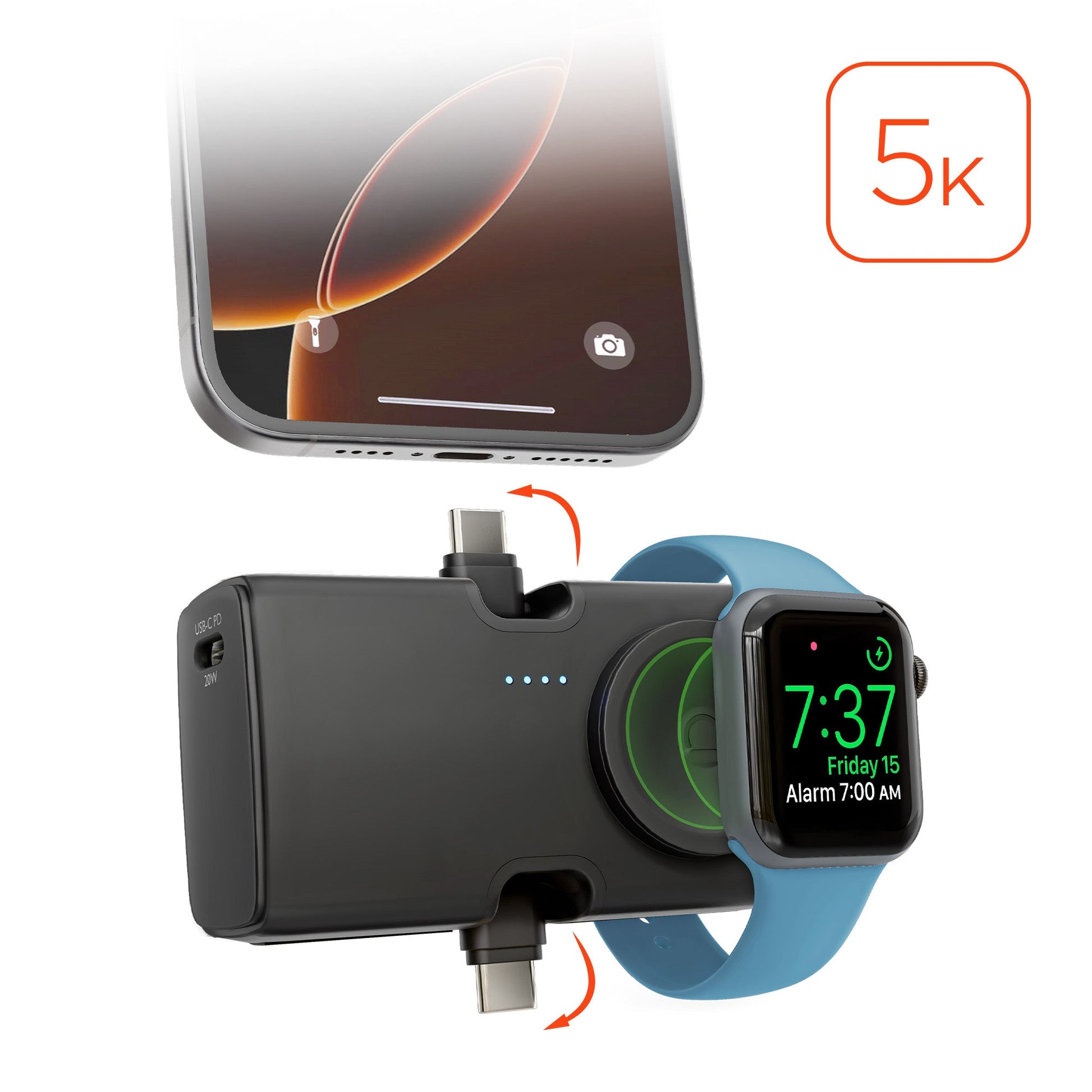 5,000mAh | Power Pack Nano Ultra-Mini Power Bank with Built-In Apple Watch Charger | Black - US Stores