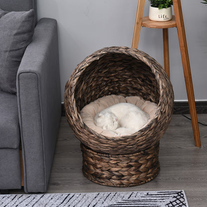 PawHut Handwoven Elevated Cat Bed with Soft Cushion & Cat Egg Chair Shape, Cat Basket Bed Kitty House with Stand, Raised Wicker Cat Bed for Indoor Cats, 23.5" H, Grey