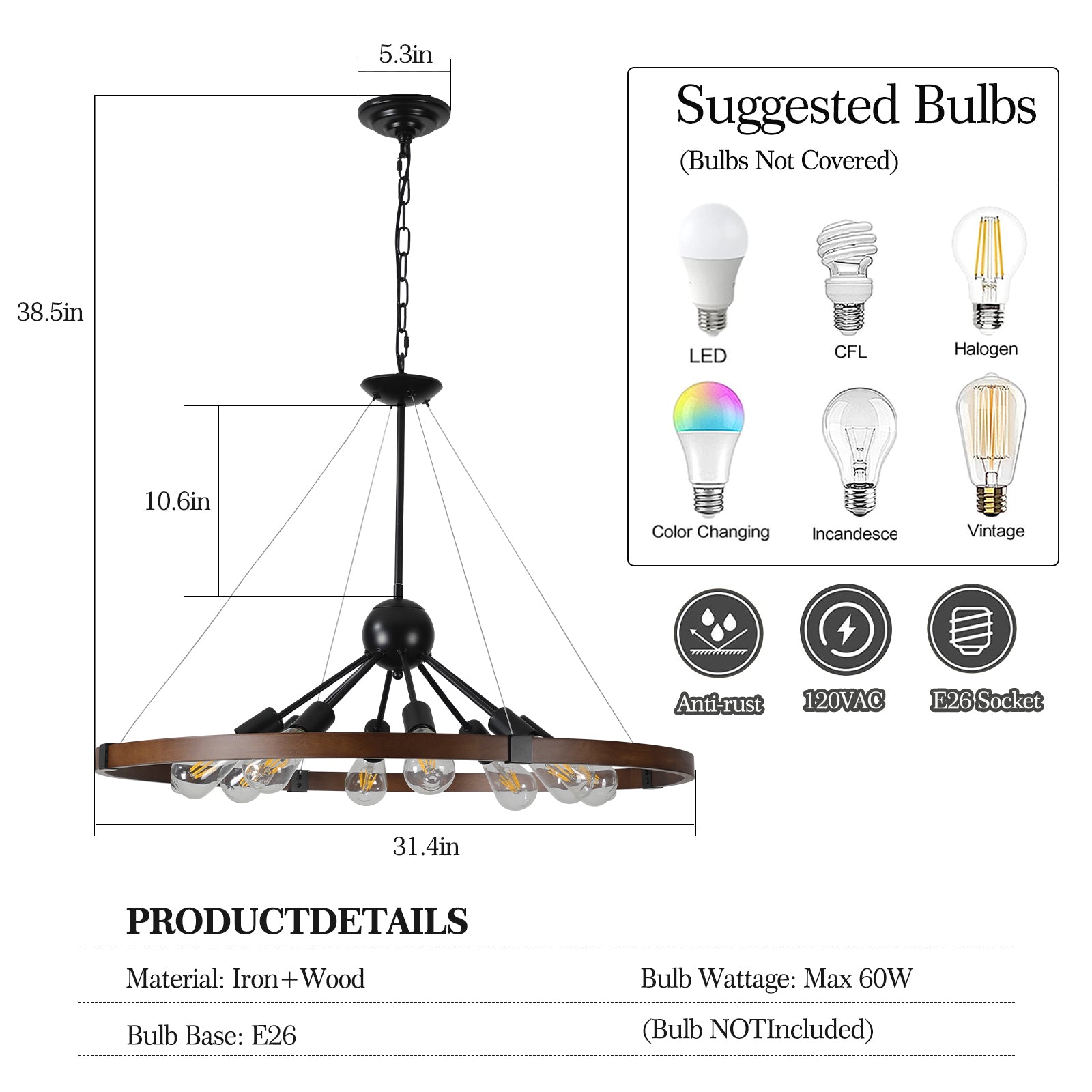 8 - Light Retro Farmhouse Chandelier For Kitchen, Living room, Dining room Red and Walnut(No Bulbs) - US Stores