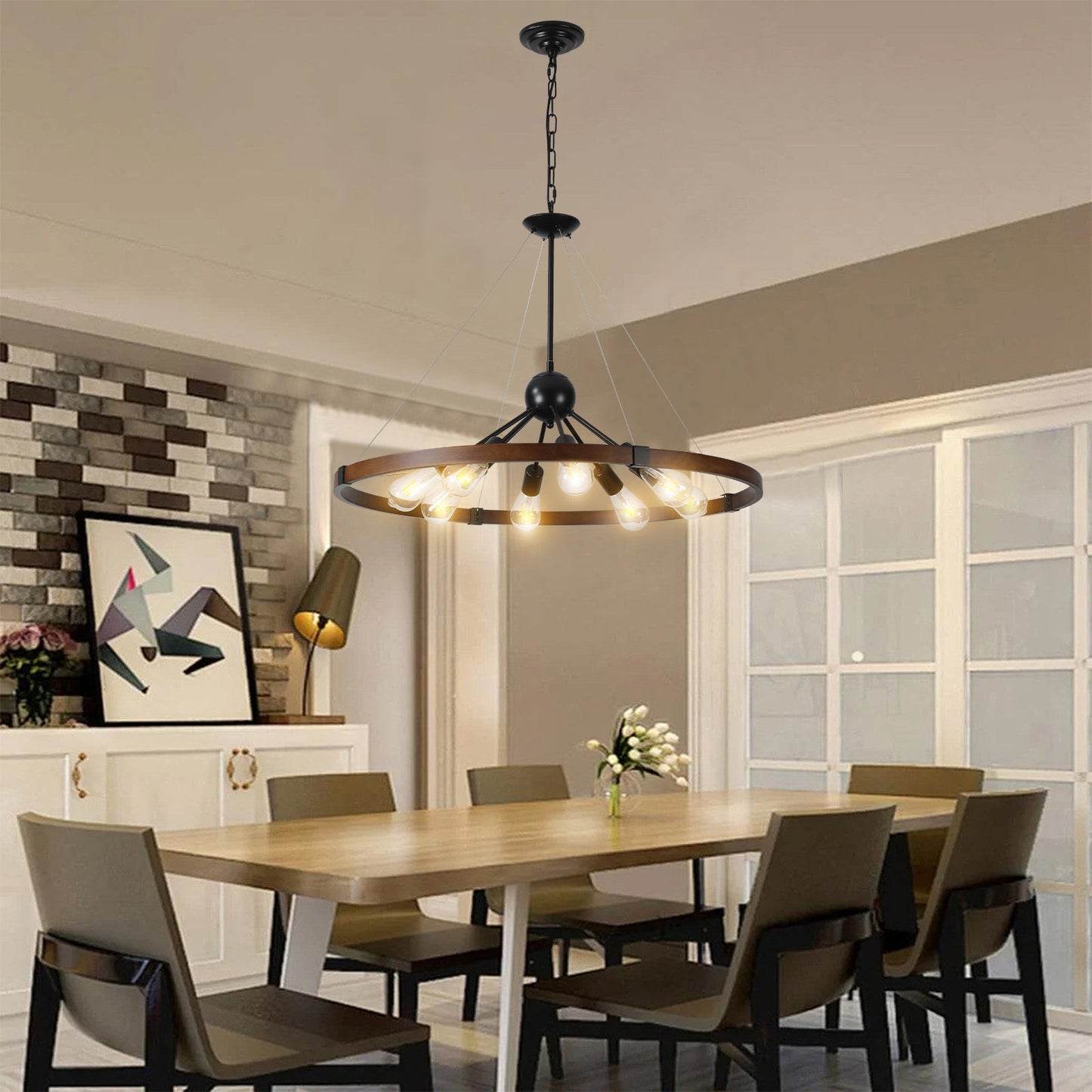 8 - Light Retro Farmhouse Chandelier For Kitchen, Living room, Dining room Red and Walnut(No Bulbs) - US Stores