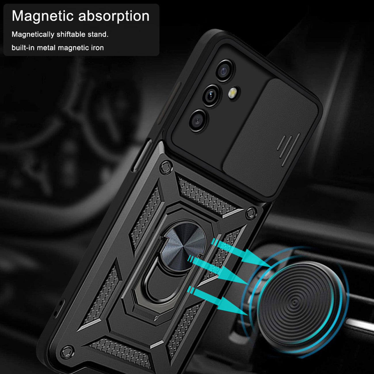 Kickstand Ring Holder with Slide Camera Cover TPU Magnetic Car Mount for GALAXY A13 5G/A04S In Black