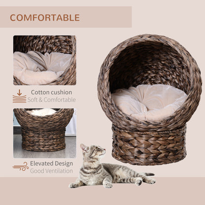 PawHut Handwoven Elevated Cat Bed with Soft Cushion & Cat Egg Chair Shape, Cat Basket Bed Kitty House with Stand, Raised Wicker Cat Bed for Indoor Cats, 23.5" H, Grey