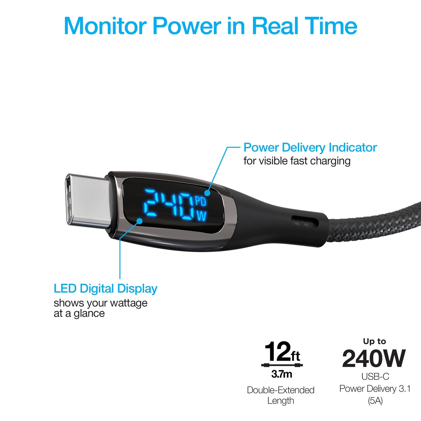 DigiWATT 240W USB - C to USB - C Digital Fast Charge Cable with LED Power Display | 12ft | Black - US Stores