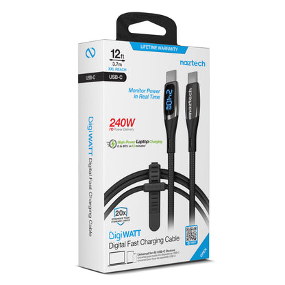 DigiWATT 240W USB - C to USB - C Digital Fast Charge Cable with LED Power Display | 12ft | Black - US Stores