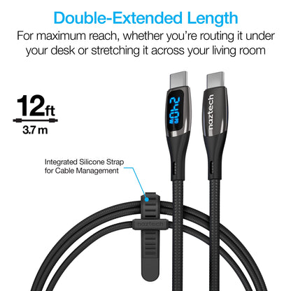 DigiWATT 240W USB - C to USB - C Digital Fast Charge Cable with LED Power Display | 12ft | Black - US Stores