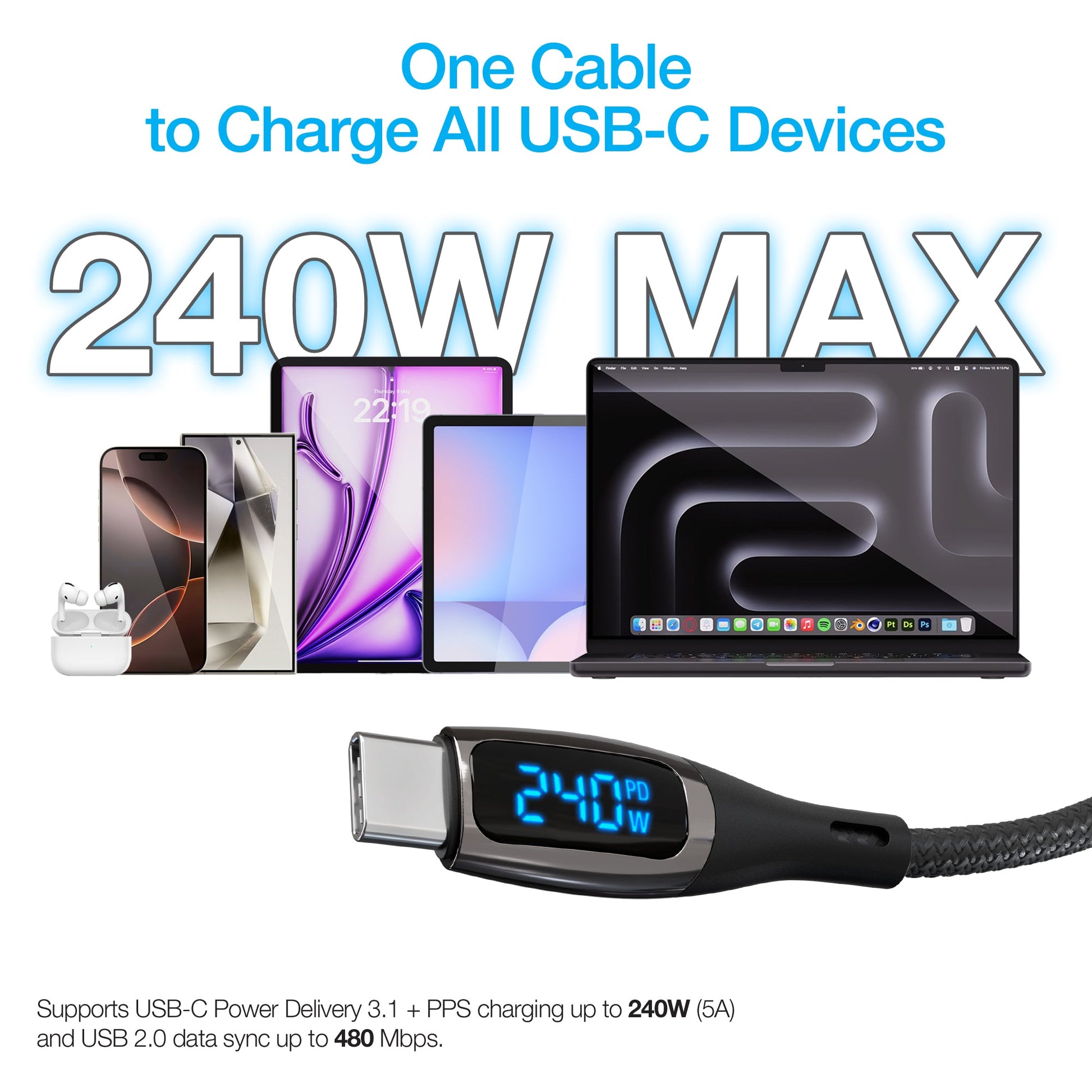 DigiWATT 240W USB - C to USB - C Digital Fast Charge Cable with LED Power Display | 12ft | Black - US Stores