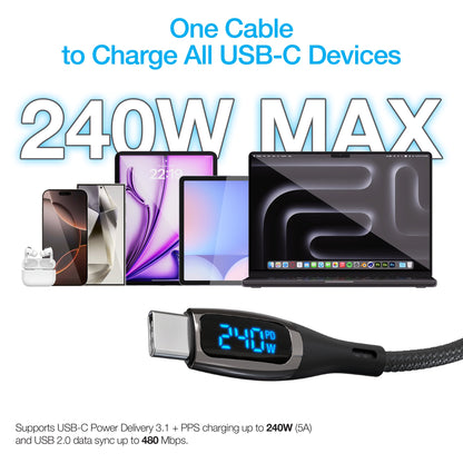 DigiWATT 240W USB - C to USB - C Digital Fast Charge Cable with LED Power Display | 12ft | Black - US Stores