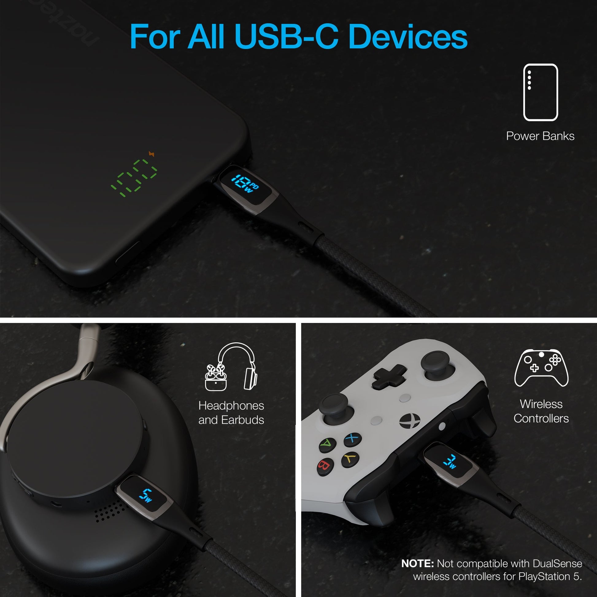DigiWATT 240W USB - C to USB - C Digital Fast Charge Cable with LED Power Display | 12ft | Black - US Stores