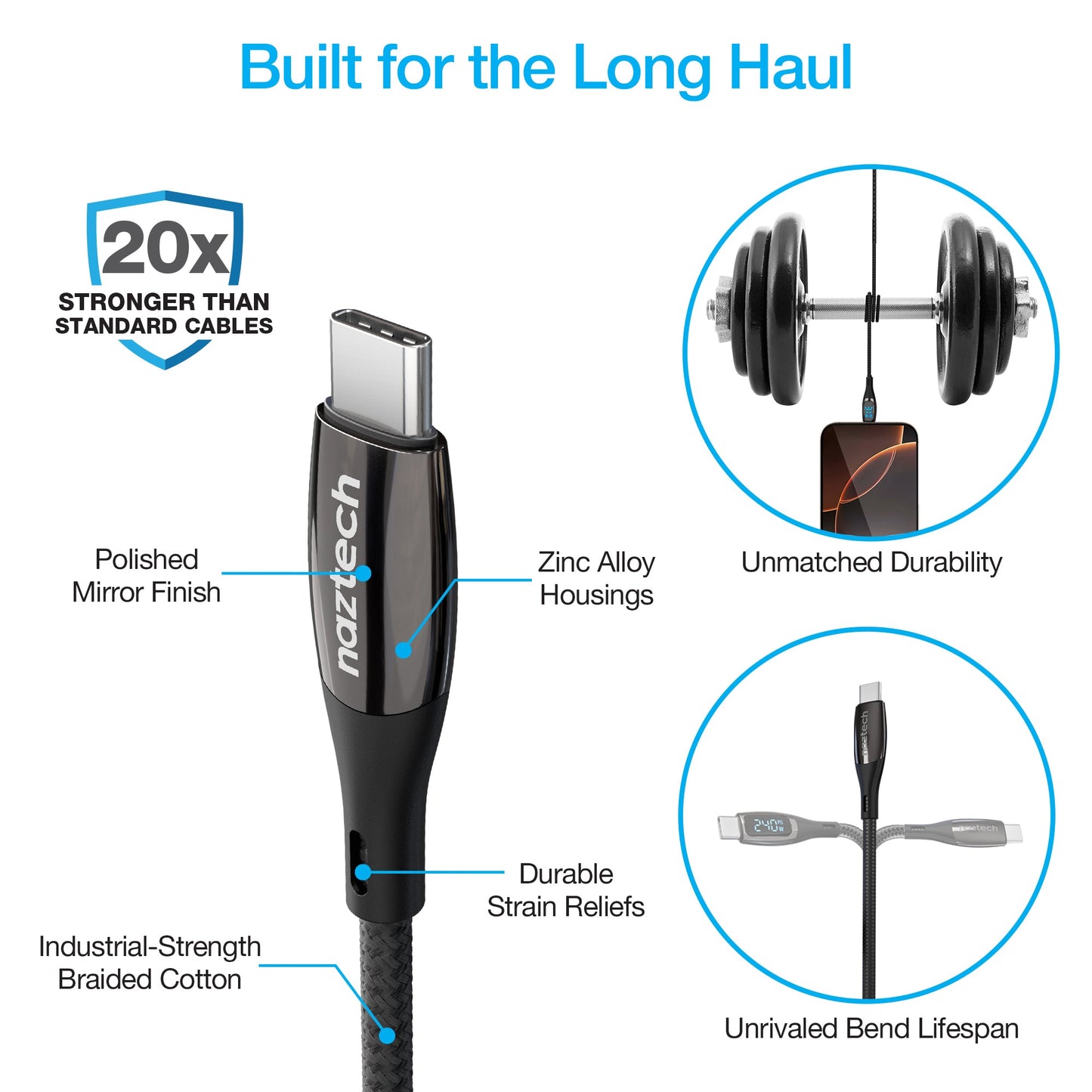 DigiWATT 240W USB - C to USB - C Digital Fast Charge Cable with LED Power Display | 12ft | Black - US Stores