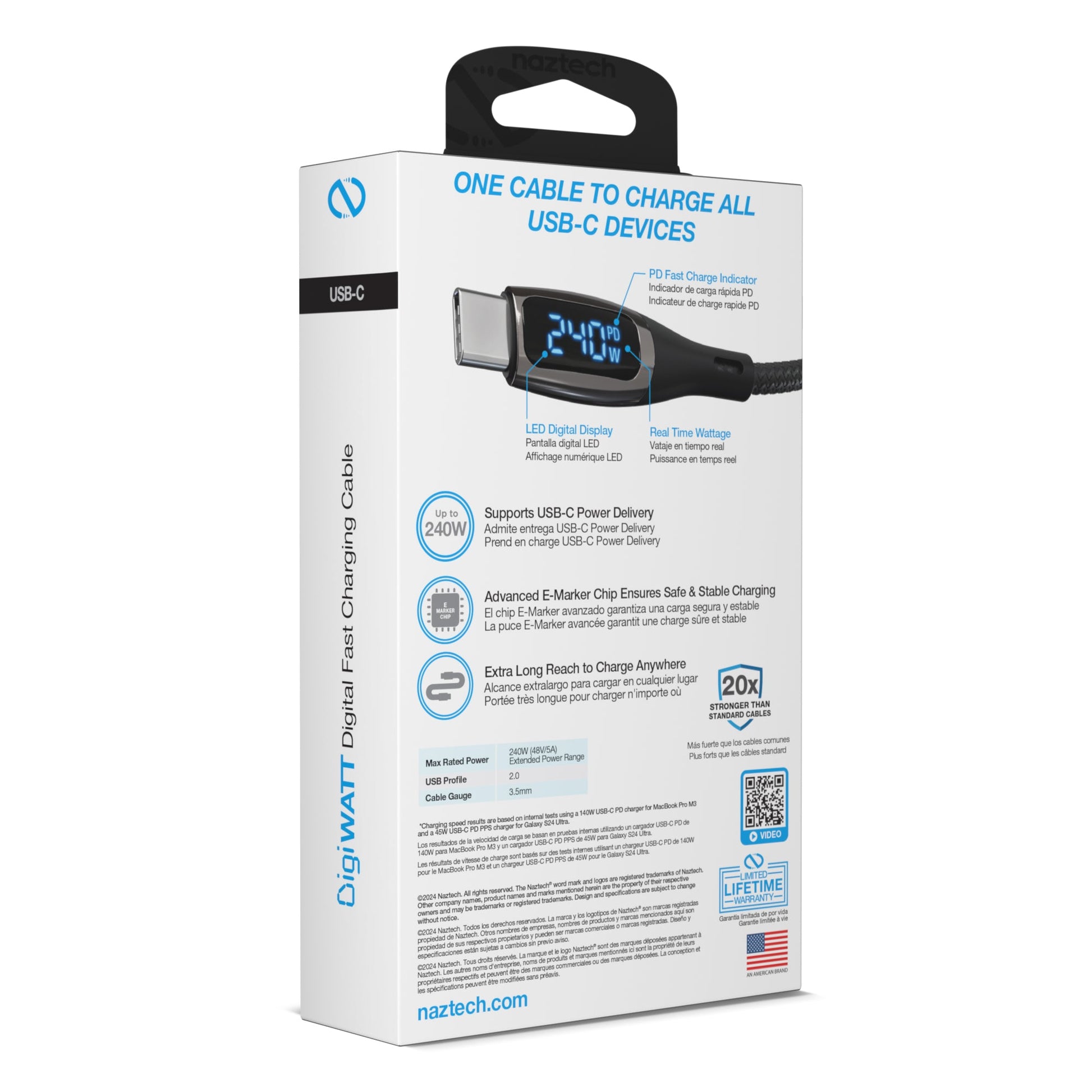 DigiWATT 240W USB - C to USB - C Digital Fast Charge Cable with LED Power Display | 12ft | Black - US Stores