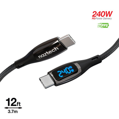 DigiWATT 240W USB - C to USB - C Digital Fast Charge Cable with LED Power Display | 12ft | Black - US Stores