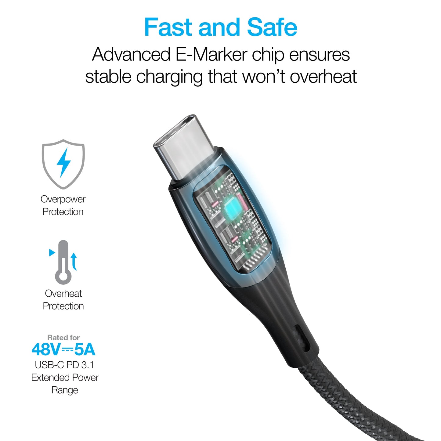 DigiWATT 240W USB - C to USB - C Digital Fast Charge Cable with LED Power Display | 12ft | Black - US Stores